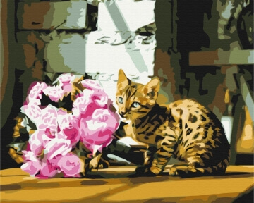 Картины по номерам Плямистий котик з квітами 40x50 Brushme BS52626