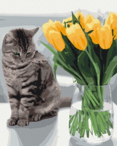 Картины по номерам Котик с тюльпанами 48x60 Brushme BS52638L